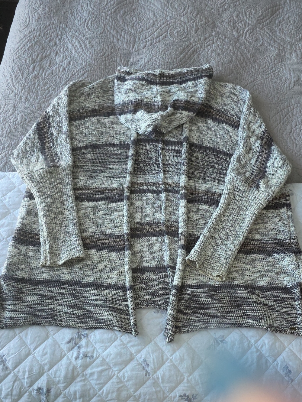 O'Neill Striped Hooded Cardigan Sweater - Cream and Gray